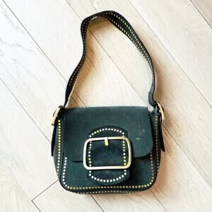 Tory Burch Sawyer Small Suede Shoulder Bag Green Gold Stud Buckle Purse
